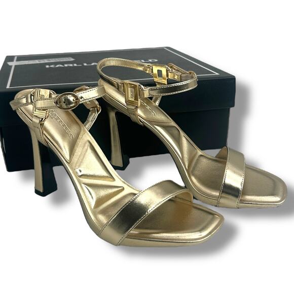 Karl Lagerfeld Gold Strappy Heels Size 8 Metallic Ankle Strap High Stiletto EUC - Picture 1 of 13